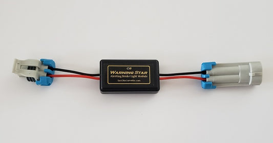 Warning Star third brake light pulse module installed on a Chevrolet Corvette C6, showing the plug-and-play wiring harness and sequential safety blinker